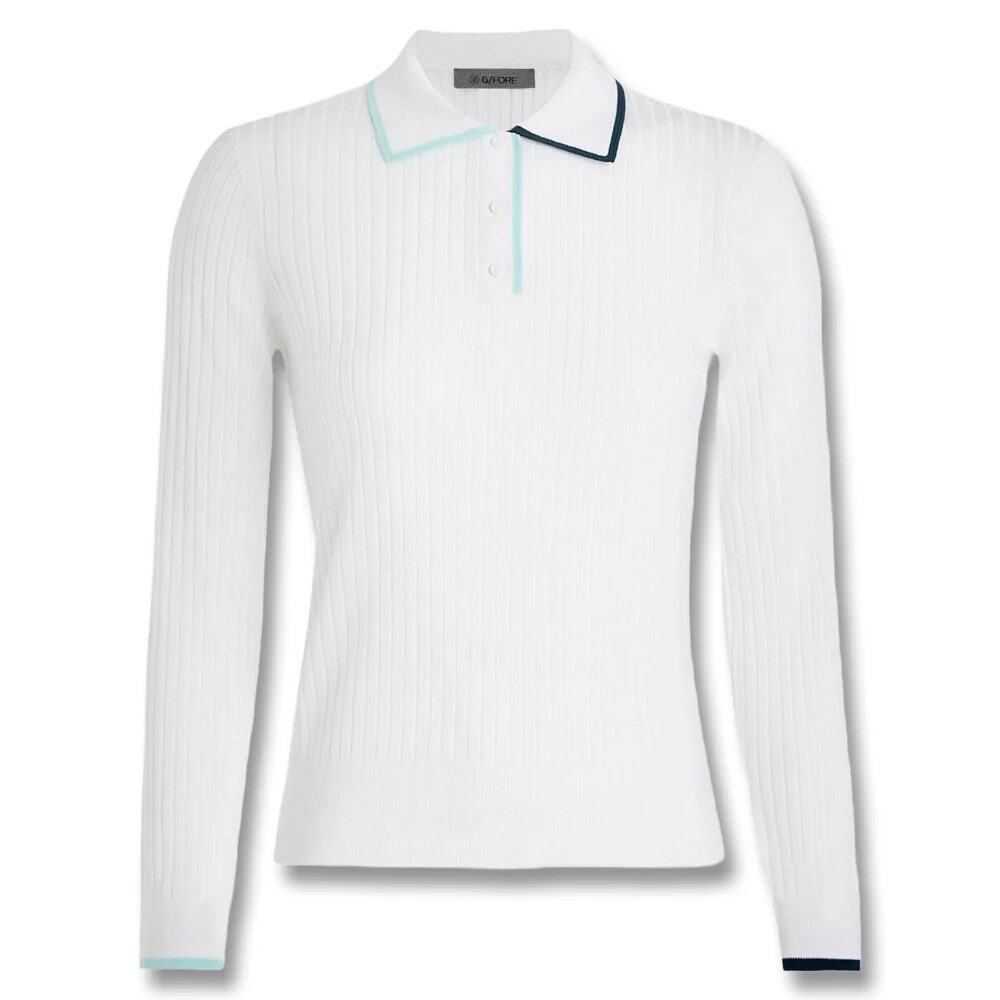 G/FORE Long Sleeve Textured Rib Knit Golf Polo Shirt Contrast Trim White - Picture 2 of 7